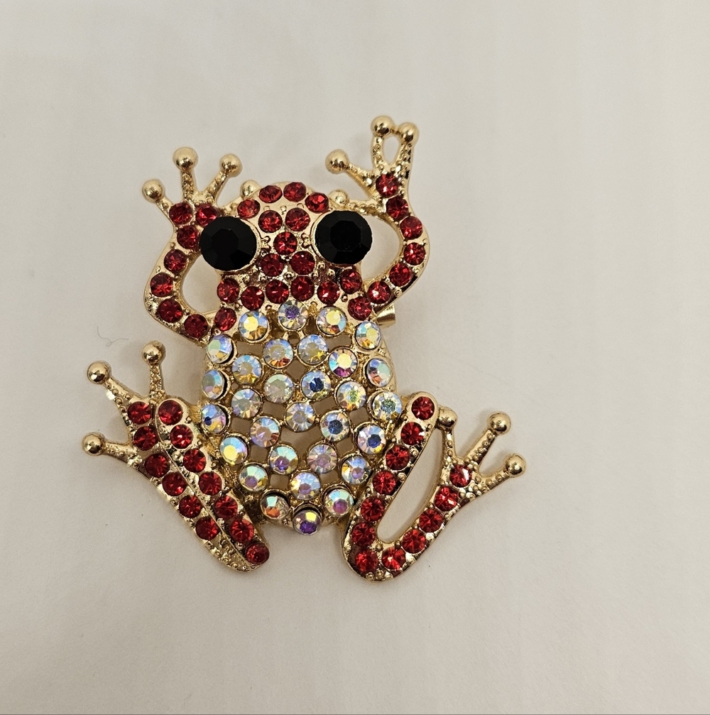 Tree Frog Brooch Pin AB Red Black Rhinestones Crystals Gold Tone